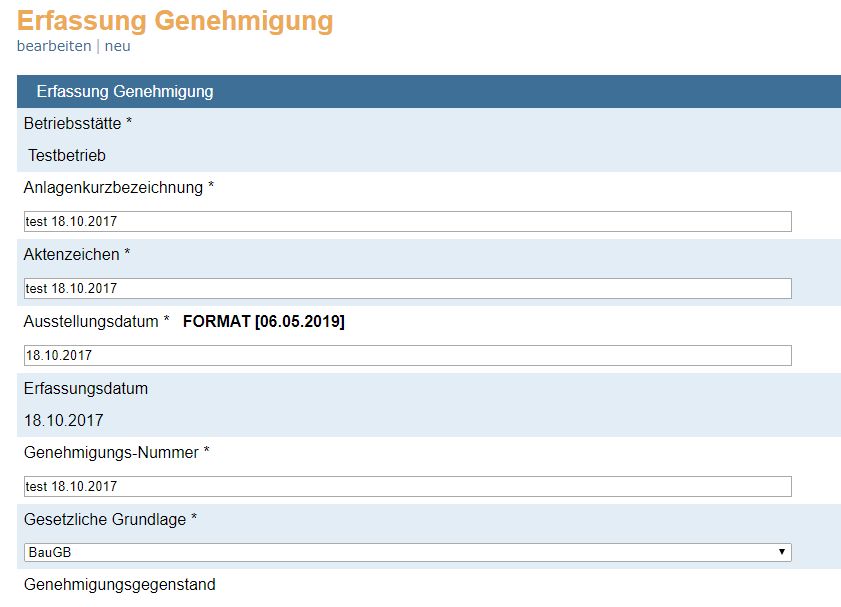 Erfassung Genehmigungen