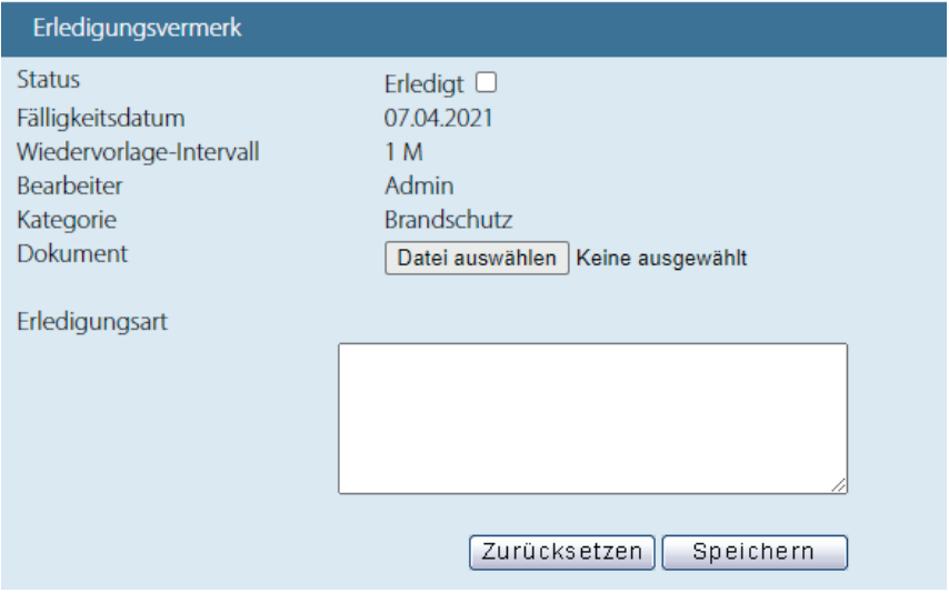 Darstellung Erledigungsvermerk