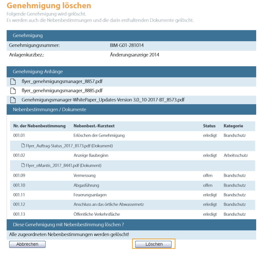 Löschen und Verwalten von Genehmigungen - Bestätigung