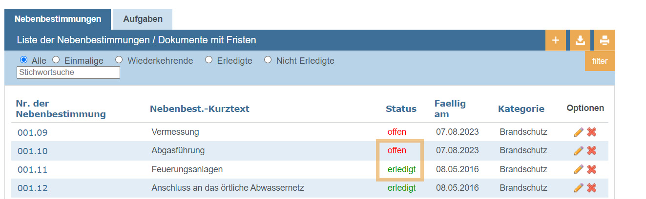Übersicht Genehmigung - Nebenbestimmung Status
