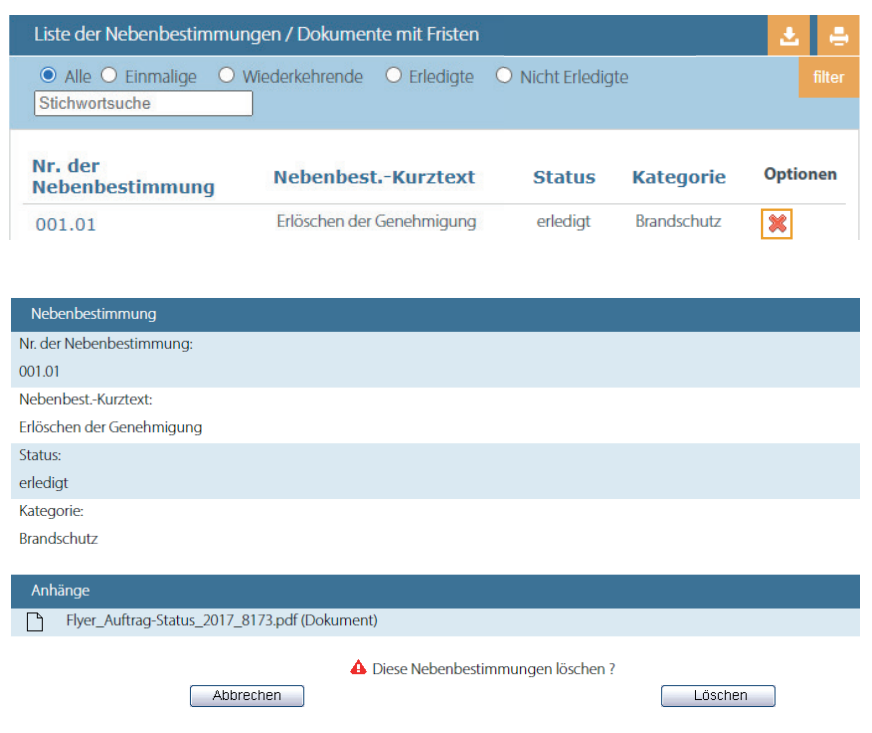 Löschen von Nebenbestimmungen
