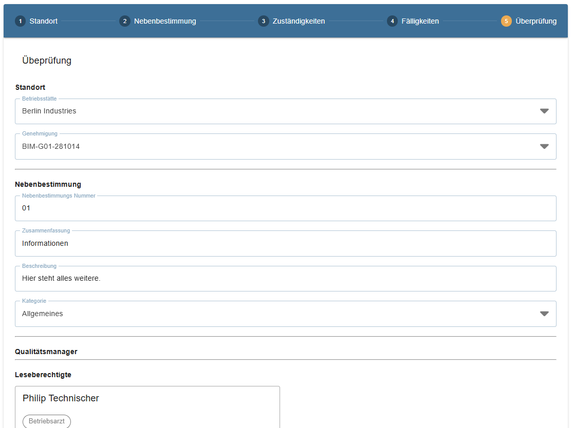 Darstellung Nebenbestimmung Erfassung - Übersicht