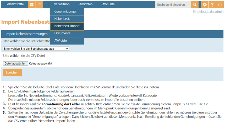Import von Nebenbestimmungen